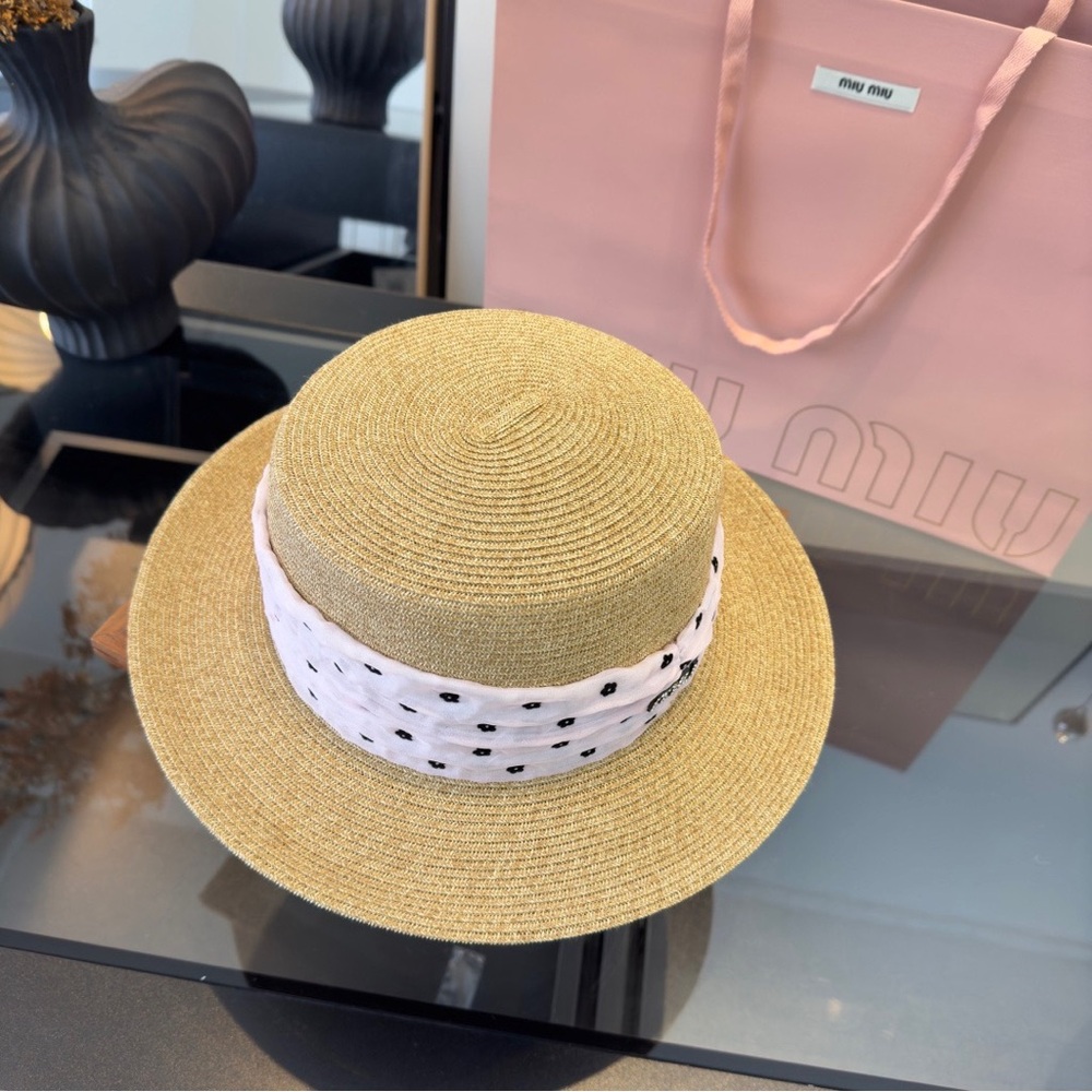 Miu Miu Natural Straw Boater Hat with Pale Pink Polka Dot Band - Picture 2 of 9